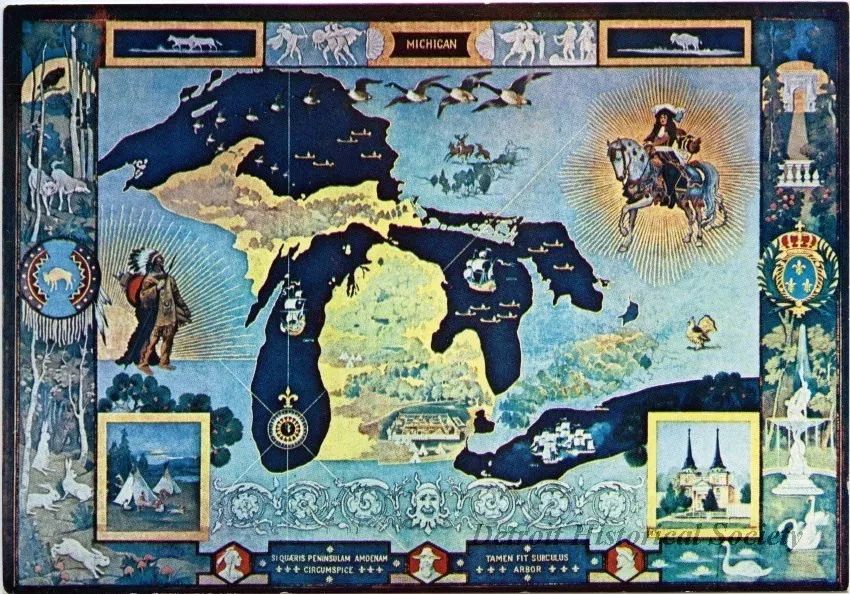 Postcard - Map of Michigan - Detroit Public Library Mural