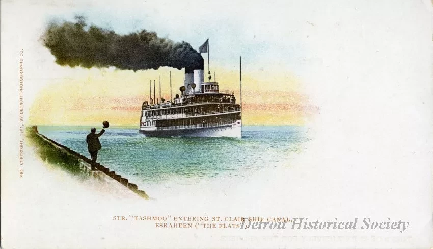 Postcard - Str. "Tashmoo" Entering St. Clair Ship Canal, Eskaheen ("The Flats")