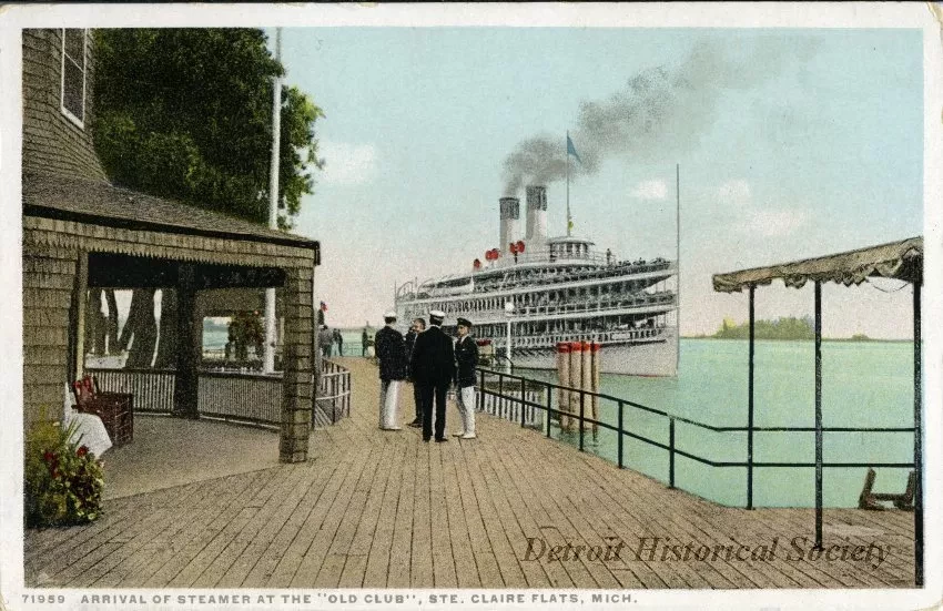 Postcard - Arrival of Steamer at the "Old Club", Ste. Claire Flats, Mich.