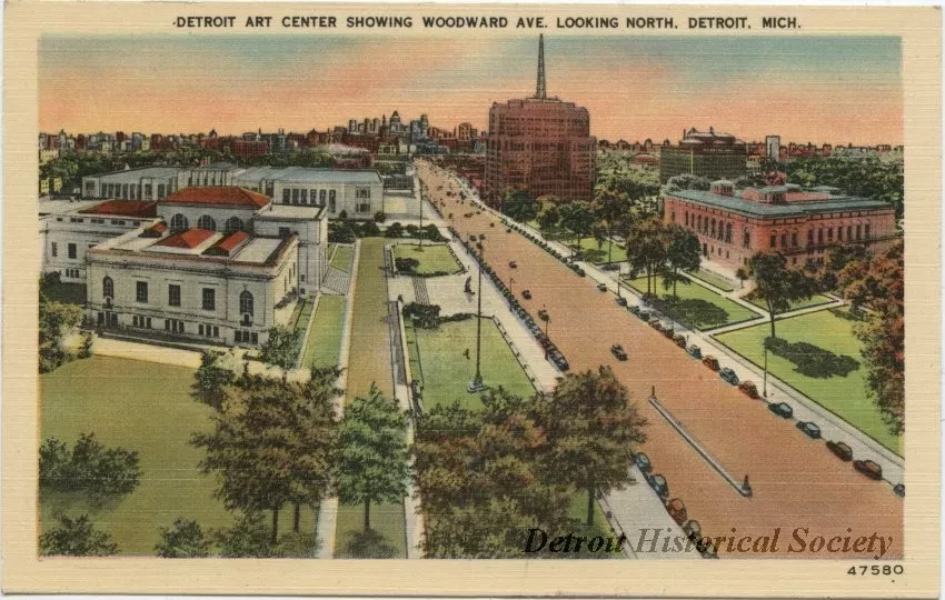 Postcard - Detroit Art Center Showing Woodward Ave. Looking North. Detroit, Mich. - Detroit Art Center Showing Woodward Ave.