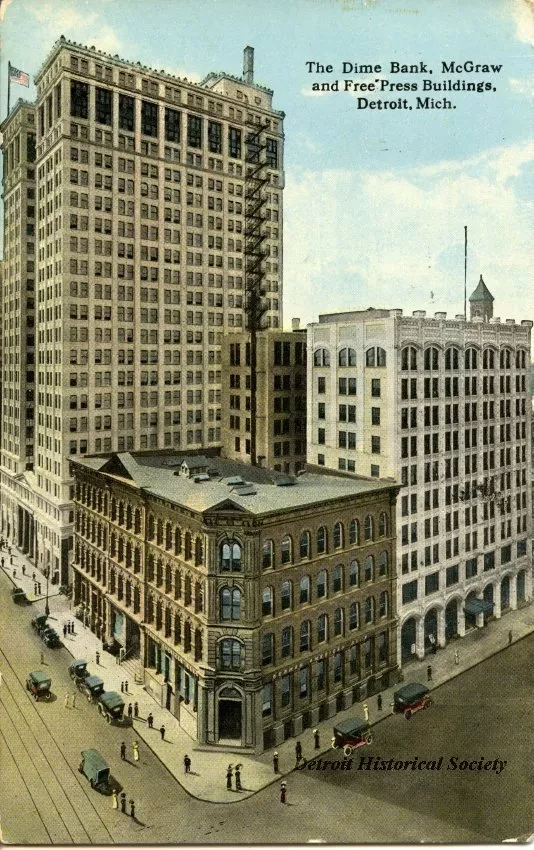 Postcard - The Dime Bank, McGraw and Free Press Buildings, Detroit, Mich.