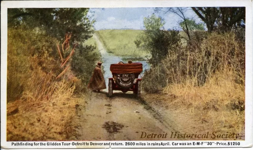 Postcard - Pathfinding for the Glidden Tour - Detroit to Denver and return.  2600 miles in rainy April.  Car was an E-M-F "30" - Price $1250.
