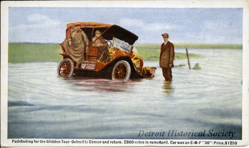 Postcard - Pathfinding for the Glidden Tour - Detroit to Denver and return.  2600 miles in rainy April.  Car was an E-M-F "30" - Price $1250.