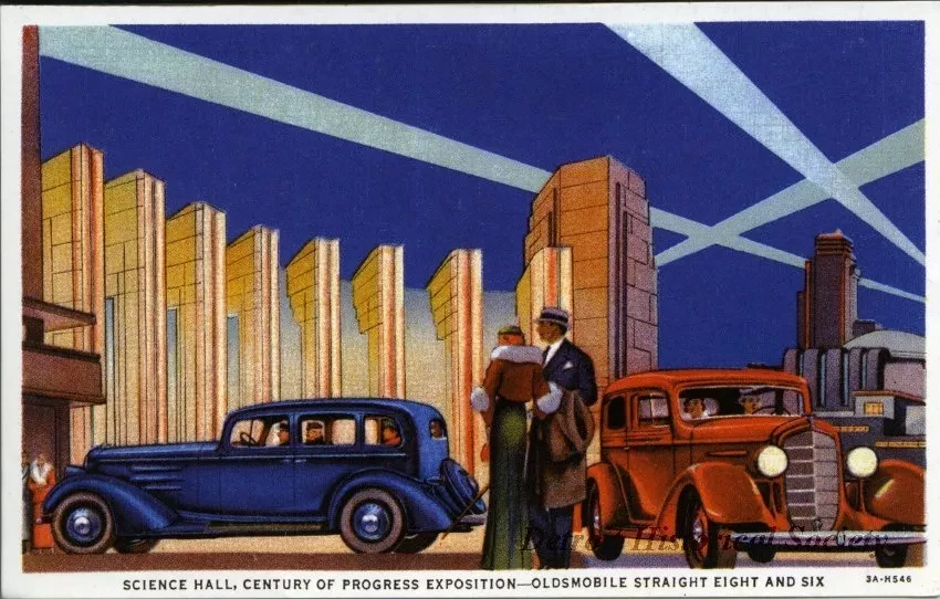 Postcard - Science Hall, Century of Progress Exposition-Oldsmobile Straight Eight and Six.