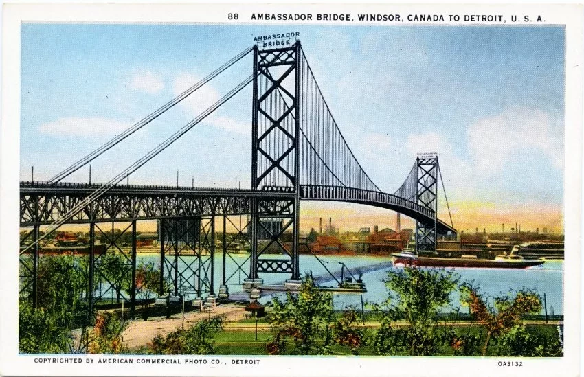 Postcard - Ambassador Bridge, Windsor, Canada to Detroit U.S.A. - Ambassador Bridge