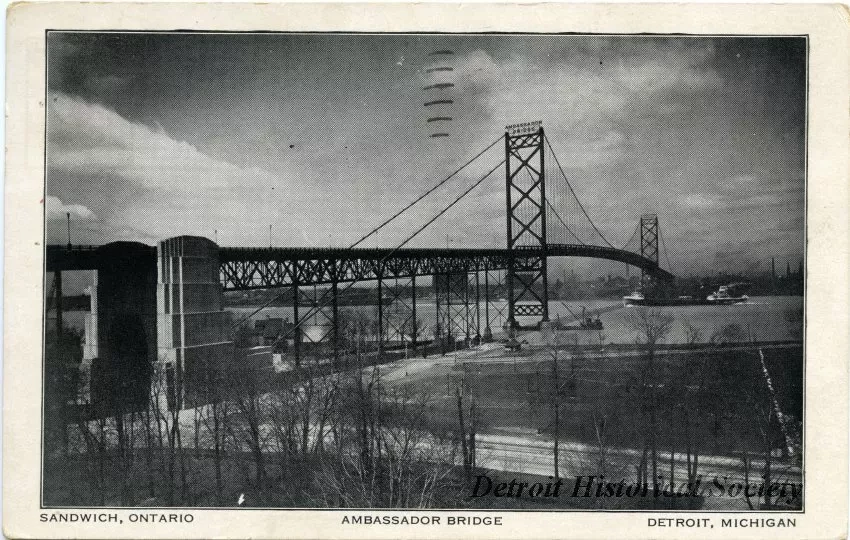 Postcard - Ambassador Bridge, Sandwich, Ontario, Detroit, Michigan - Ambassador Bridge