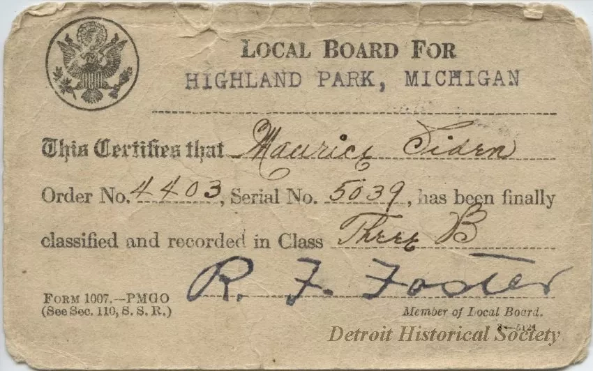 Card, Draft - Local Board for Highland Park, Michigan