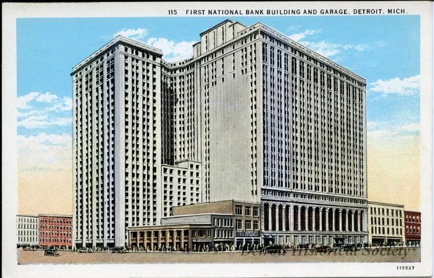 Postcard - First National Bank Building and Garage, Detroit, Mich.
