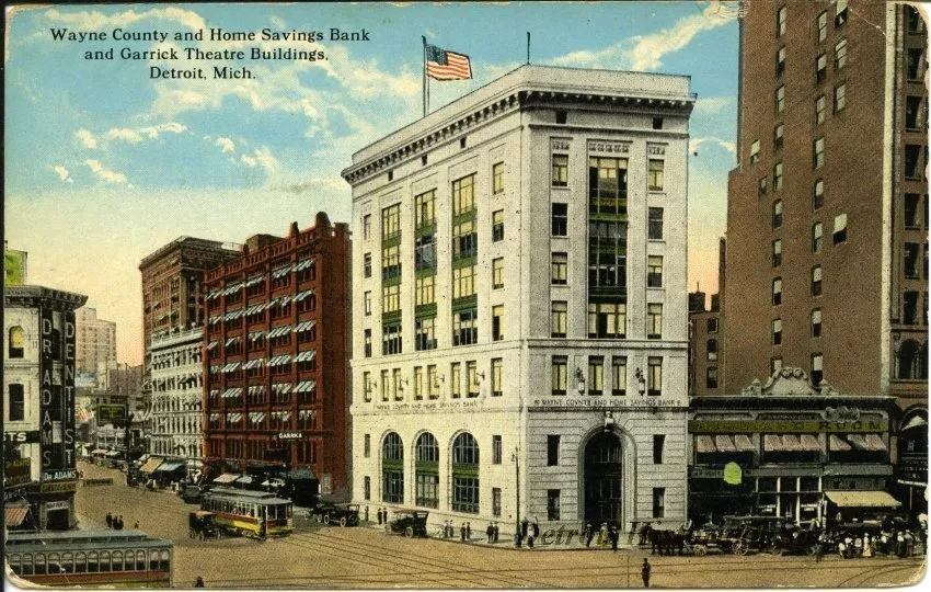 Postcard - Wayne County and Home Savings Bank and Garrick Theatre Buildings, Detroit, Mich.