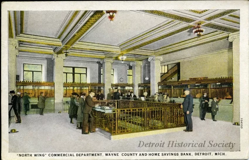 Postcard - "North Wing" Commercial Department, Wayne County and Home Savings Bank, Detroit, Mich.