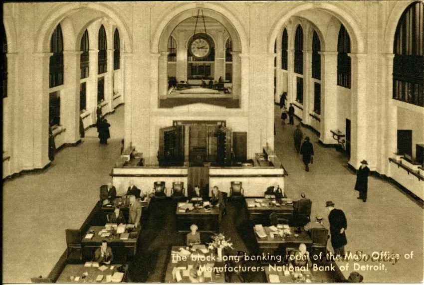 Postcard - The block-long banking room of the Main Office of Manufacturers National Bank of Detroit.