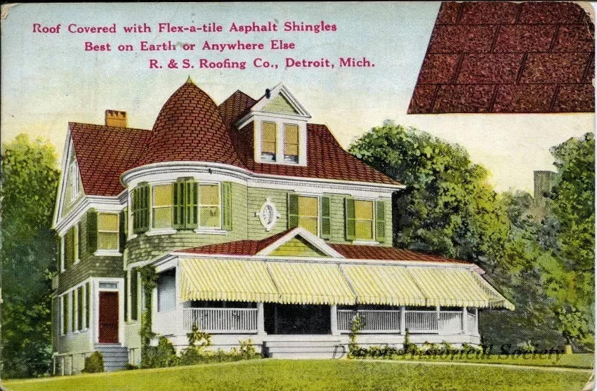Postcard - Roof Covered with Flex-a-tile Asphalt Shingles Best on Earth or Anywhere Else, R&E Roofing Co., Detroit, Mich.
