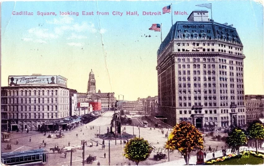 Postcard - Cadillac Square, looking East from City Hall, Detroit, Mich. - Cadillac Square, looking East from City Hall