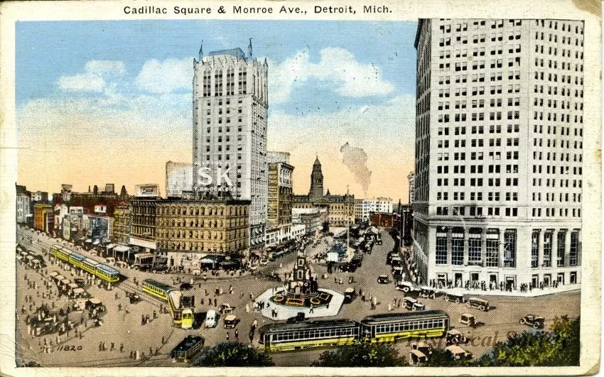 Postcard - Cadillac Square & Monroe Ave., Detroit, Mich.