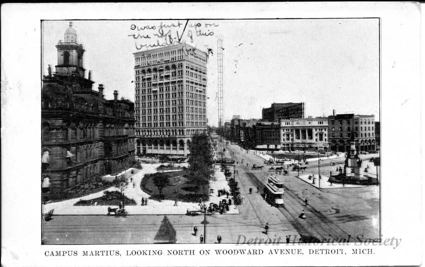 Postcard - Campus Martius, looking north on Woodward Ave, Detroit, Mich.