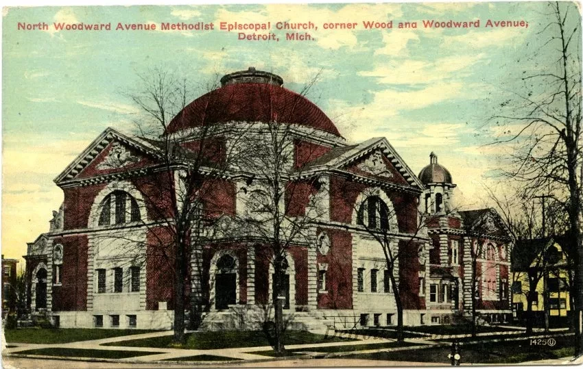 Postcard - North Woodward Avenue Methodist Episcopal Church, corner Wood and Woodward Avenue, Detroit, Mich. - North Woodward Avenue Methodist Episcopal Church