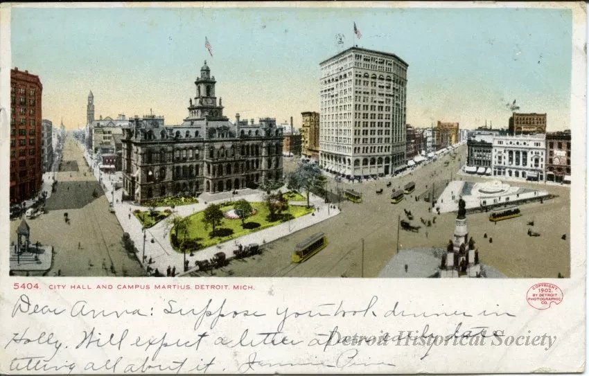 Postcard - City Hall and Campus Martius. Detroit, Mich.