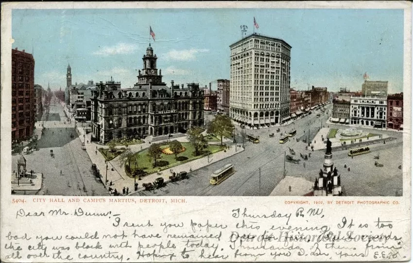 Postcard - City Hall and Campus Martius, Detroit, Mich.