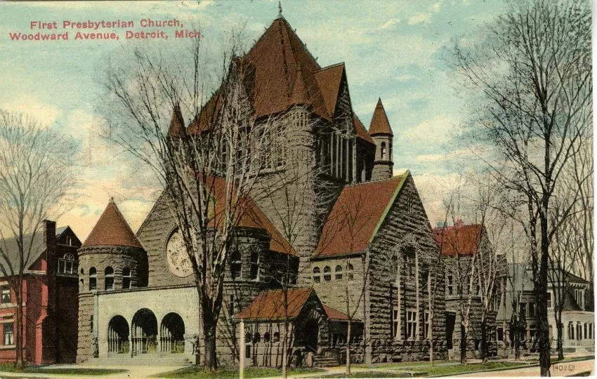 Postcard - First Presbyterian Church, Woodward Avenue, Detroit, Mich.