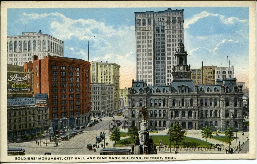 Postcard - Soldiers' Monument, City Hall and Dime Bank Building, Detroit, Mich.