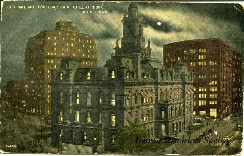 Postcard - City Hall and Pontchartrain Hotel at night, Detroit, Mich.
