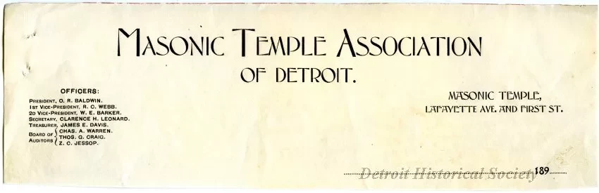Paper, Letterhead - Masonic Temple Association of Detroit