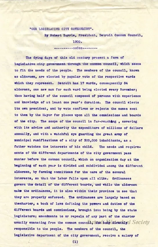 Letter - Our Legislative City Government
[Detroit Common Council]