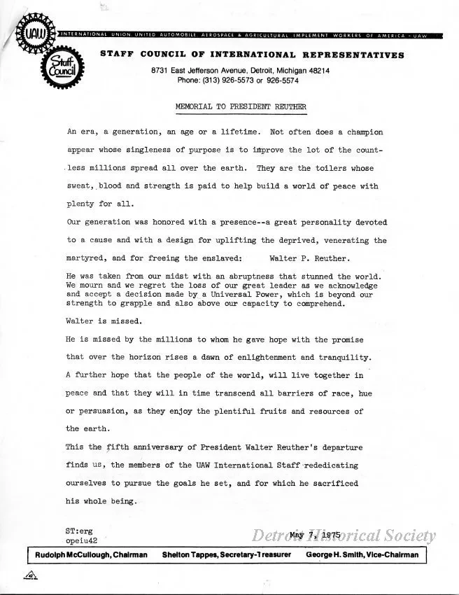 Announcement - Memorial to President Ruther