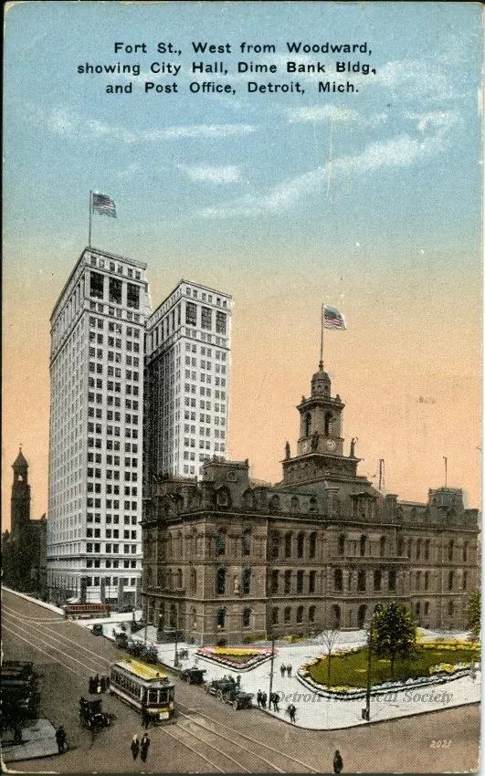 Postcard - Fort St., West from Woodward showing City Hall, Dime Bank Bldg, and Post Office, Detroit Mich.
