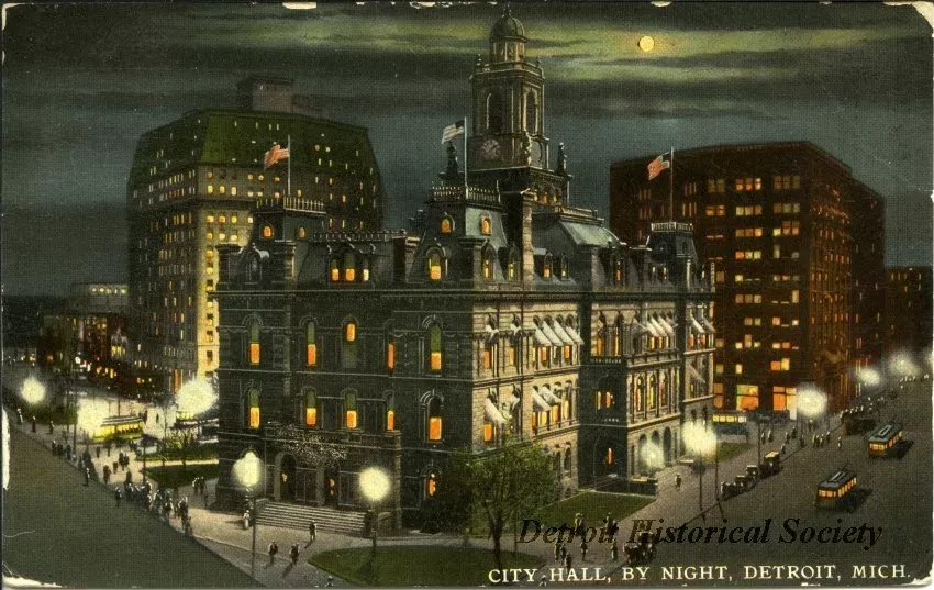 Postcard - City Hall, By Night, Detroit, Mich.