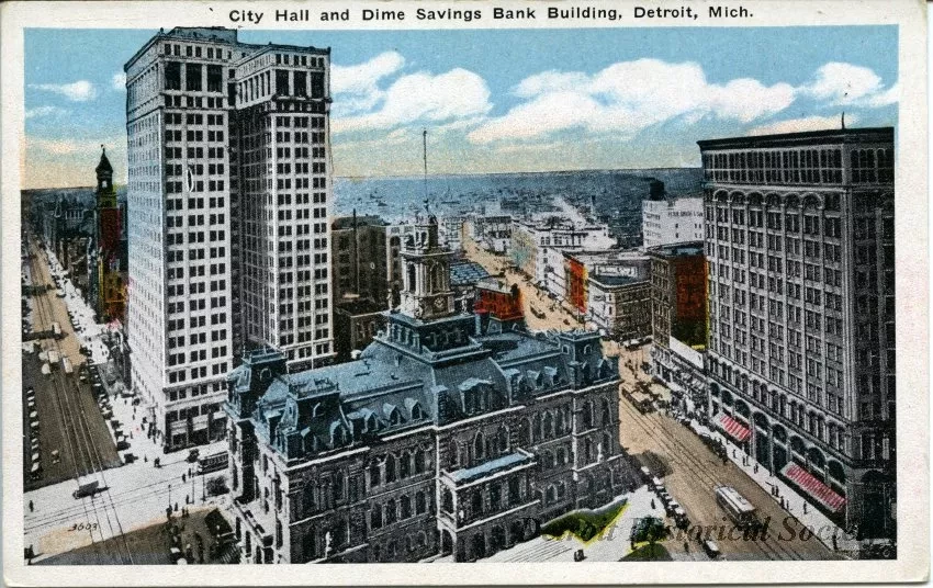 Postcard - City Hall and Dime Savings Bank Building, Detroit, Mich.