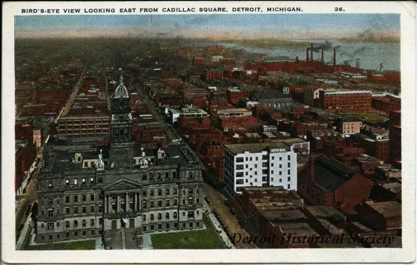 Postcard - Bird'sEye View looking East from Cadillac Square, Detroit, Michigan.