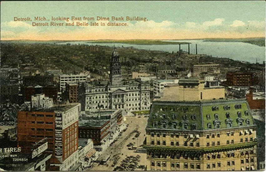 Postcard - Detroit, Mich., looking East from Dime Bank Building, Detroit River and Belle Isle in distance.