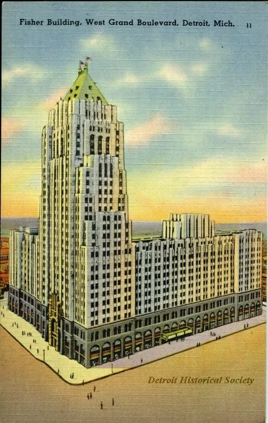 Postcard - Fisher Building, West Grand Boulevard, Detroit, Mich.