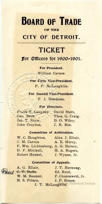 Handbill, Political - Board of Trade of the City of Detroit
Ticket for Officers, 1900-1901