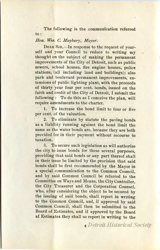 Booklet - Communication of Hon. Wm. C. Maybury on Controller F. A. Blades' Plan for Making Permanent Improvements in the City of Detroit by the Issue of Thhirty Year Four Per Cent Bonds.