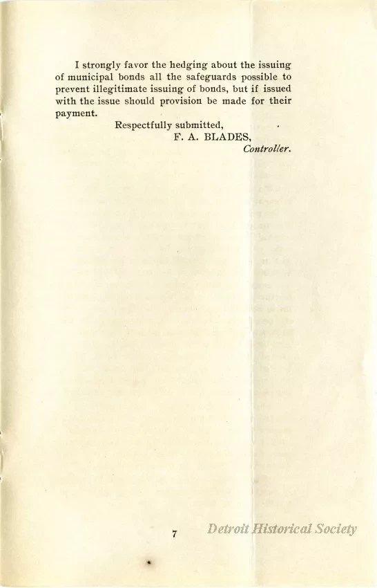 Booklet - Communication of Hon. Wm. C. Maybury on Controller F. A. Blades' Plan for Making Permanent Improvements in the City of Detroit by the Issue of Thhirty Year Four Per Cent Bonds.