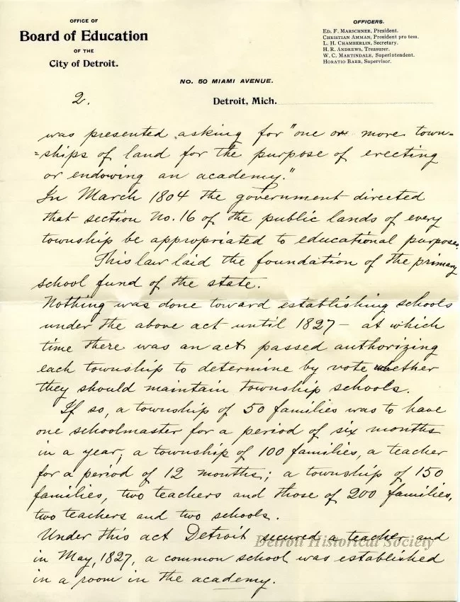 Letter - Progress of Public Education in Detroit in the 19th Century