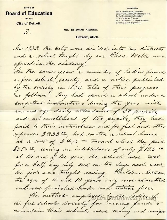 Letter - Progress of Public Education in Detroit in the 19th Century