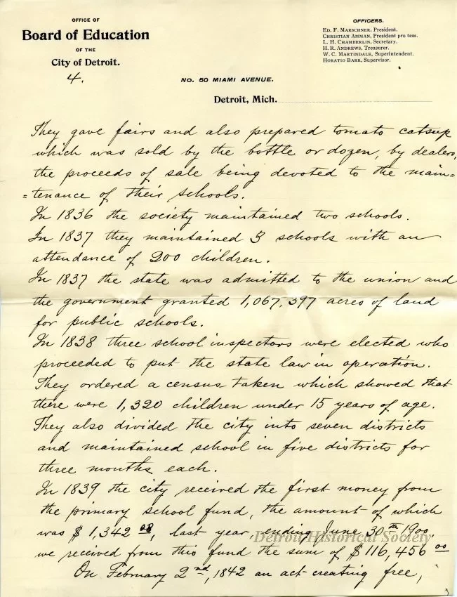 Letter - Progress of Public Education in Detroit in the 19th Century