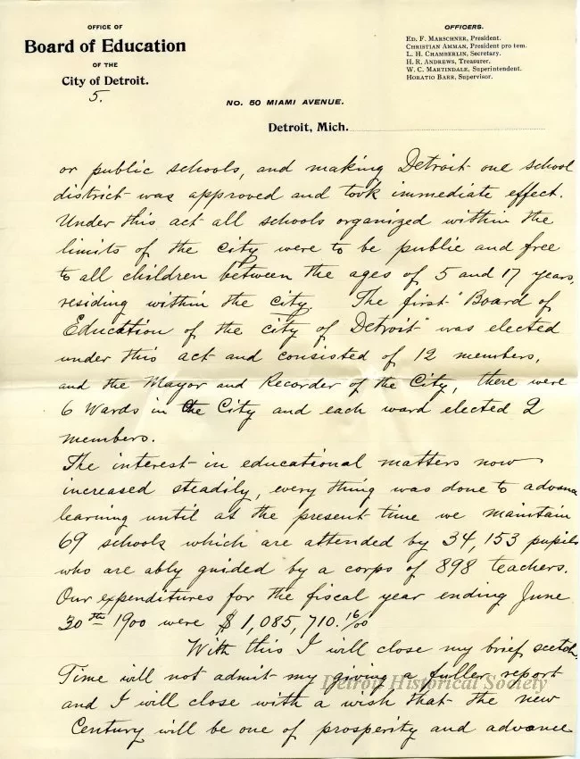 Letter - Progress of Public Education in Detroit in the 19th Century