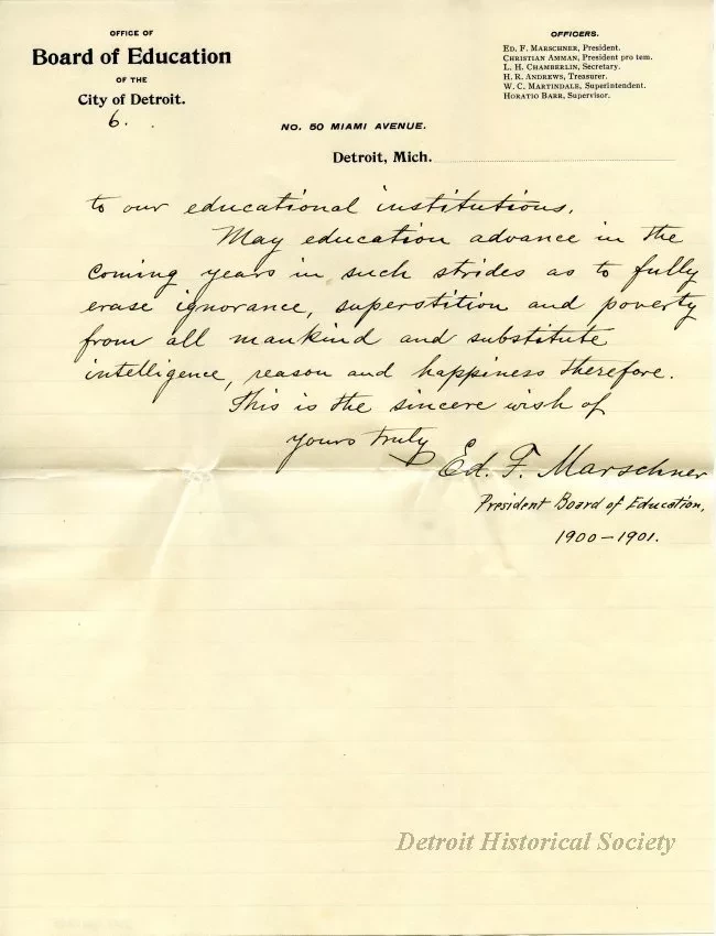 Letter - Progress of Public Education in Detroit in the 19th Century