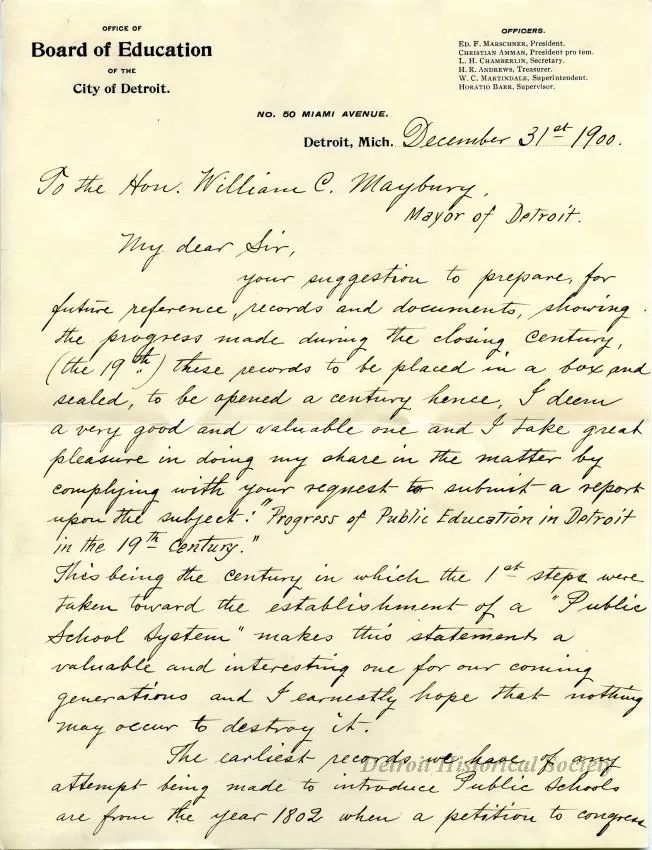 Letter - Progress of Public Education in Detroit in the 19th Century