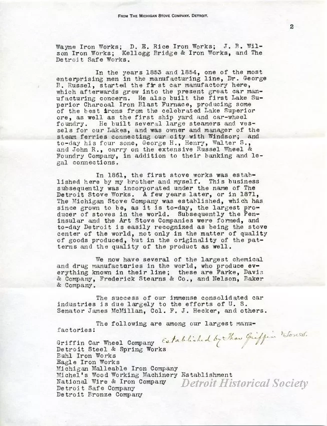 Letter - The Michigan Stove Company
