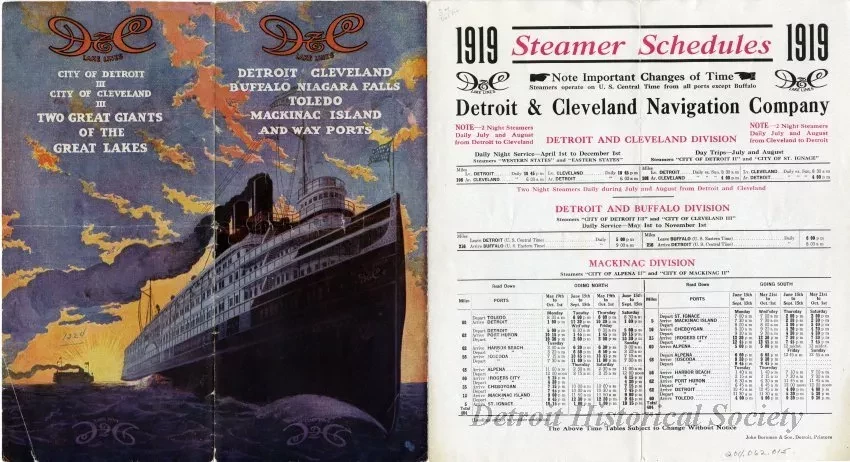 Brochure - D&C Lake Lines, Detroit, Cleveland, Buffalo, Niagara Falls, Toledo, Mackinac Island, and Way Ports