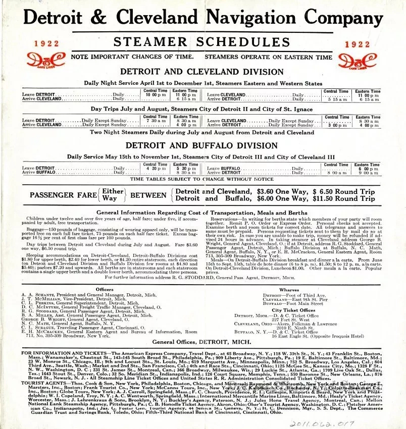 Brochure - D&C Lake Lines, Detroit, Cleveland, Buffalo, Niagara Falls