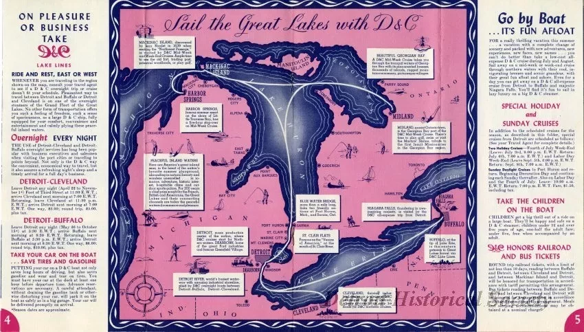 Booklet - D&C Lake Lines Low Cost All-Expense Romance Cruises to Mackinac Island, Harbor Springs, Georgian Bay, visit Buffalo and Niagara Falls.