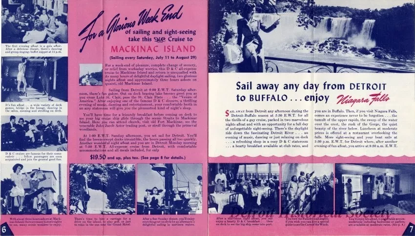 Booklet - D&C Lake Lines Low Cost All-Expense Romance Cruises to Mackinac Island, Harbor Springs, Georgian Bay, visit Buffalo and Niagara Falls.