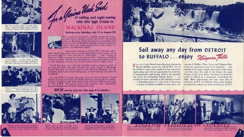 Booklet - D&C Lake Lines Low Cost All-Expense Romance Cruises to Mackinac Island, Harbor Springs, Georgian Bay, visit Buffalo and Niagara Falls.