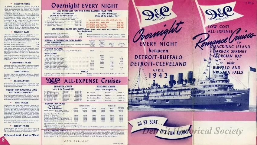 Booklet - D&C Lake Lines Low Cost All-Expense Romance Cruises to Mackinac Island, Harbor Springs, Georgian Bay, visit Buffalo and Niagara Falls.